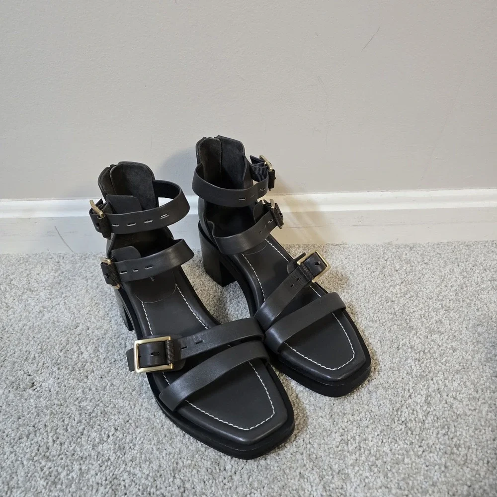 Rag & Bone Fallon Metal Gray Leather Block‎ Heel Straps Sandals Sz 38.5 US 8.5